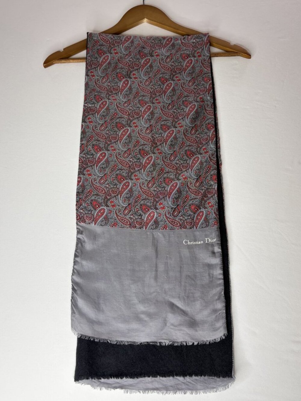 Christian Dior Paisley Silk & Wool Scarf Grey, Reversible Men's Vintage